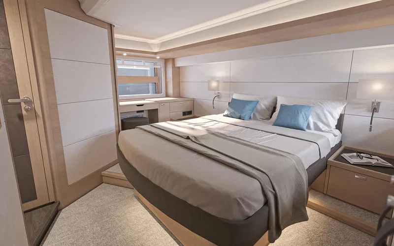 Slide: The Image of Luxurious bedroom interior of 2026 Beneteau Swift Trawler 54 with modern design and cozy ambiance. - 13
