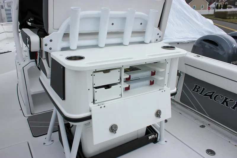 Slide: The Image of 2023 Blackfin 252 CC boat with fishing rod holders and storage compartments. - 15