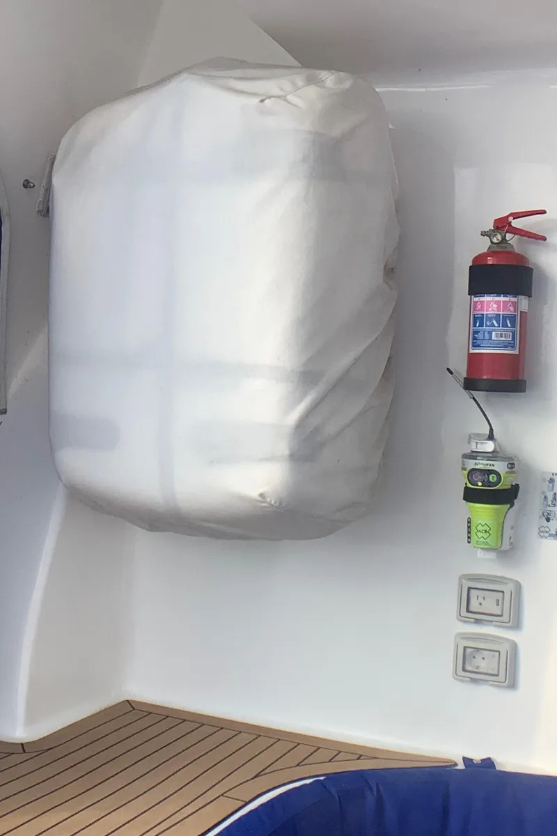 Slide: The Image of Fire safety equipment on Royal Cape Catamarans Majestic 570 Flybridge, 2021 model. - 42