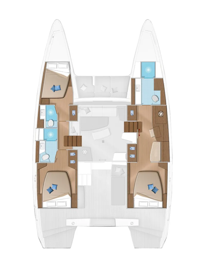 Slide: The Image of Floor plan of 2025 Lagoon 42 Millenium catamaran, featuring spacious cabins and modern amenities. - 17