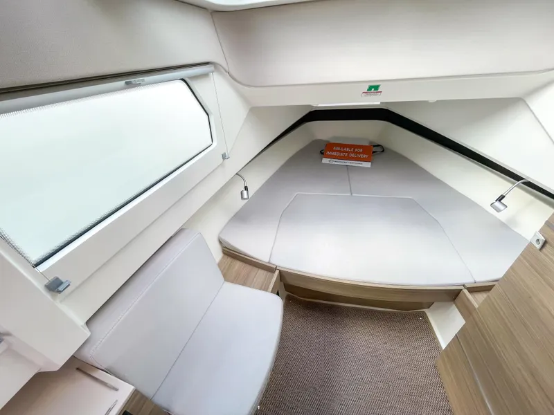 Slide: The Image of 2024 Saxdor 320 GTO cabin interior with modern seating and sleek design. - 12