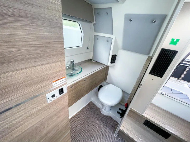 Slide: The Image of 2024 Saxdor 320 GTO bathroom interior with modern fixtures and wood accents. - 14