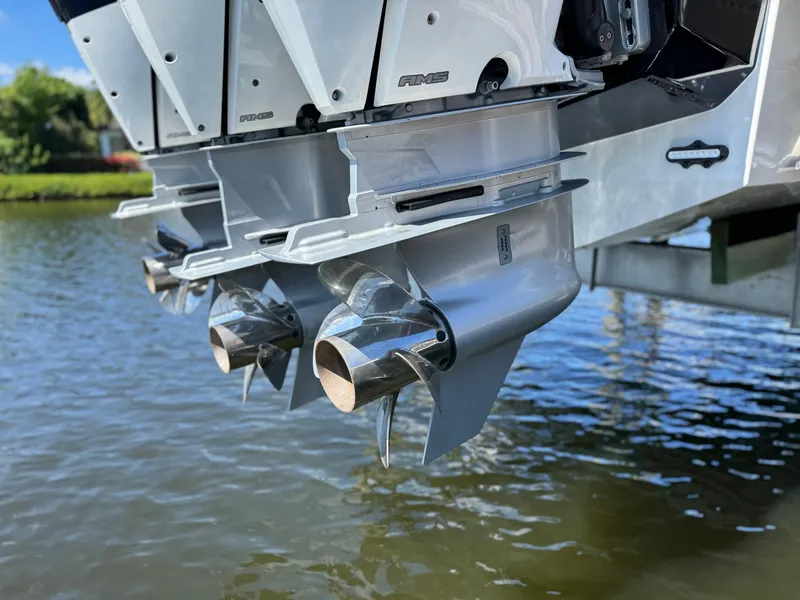 Slide: The Image of 2023 Formula 350 Crossover Bowrider outboard engines on water. - 9