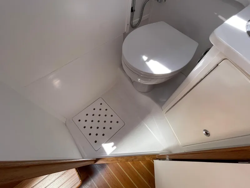 Slide: The Image of 2025 True North 34 Outboard Express bathroom with toilet and shower area. - 49