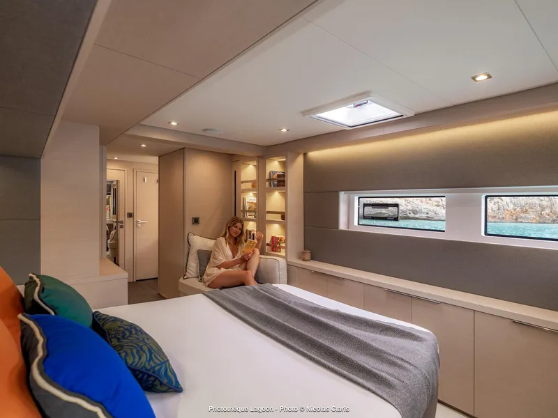 Slide: The Image of Luxurious interior of 2025 Lagoon 55 yacht with cozy bedroom and modern design. - 20
