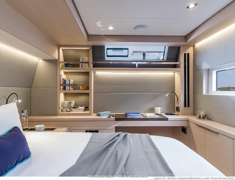 Slide: The Image of Luxurious interior of 2025 Lagoon 55 yacht cabin with modern design and ambient lighting. - 22