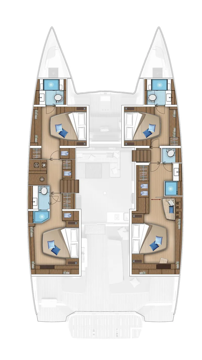 Slide: The Image of 2025 Lagoon 55 catamaran interior layout with four cabins and modern amenities. - 25