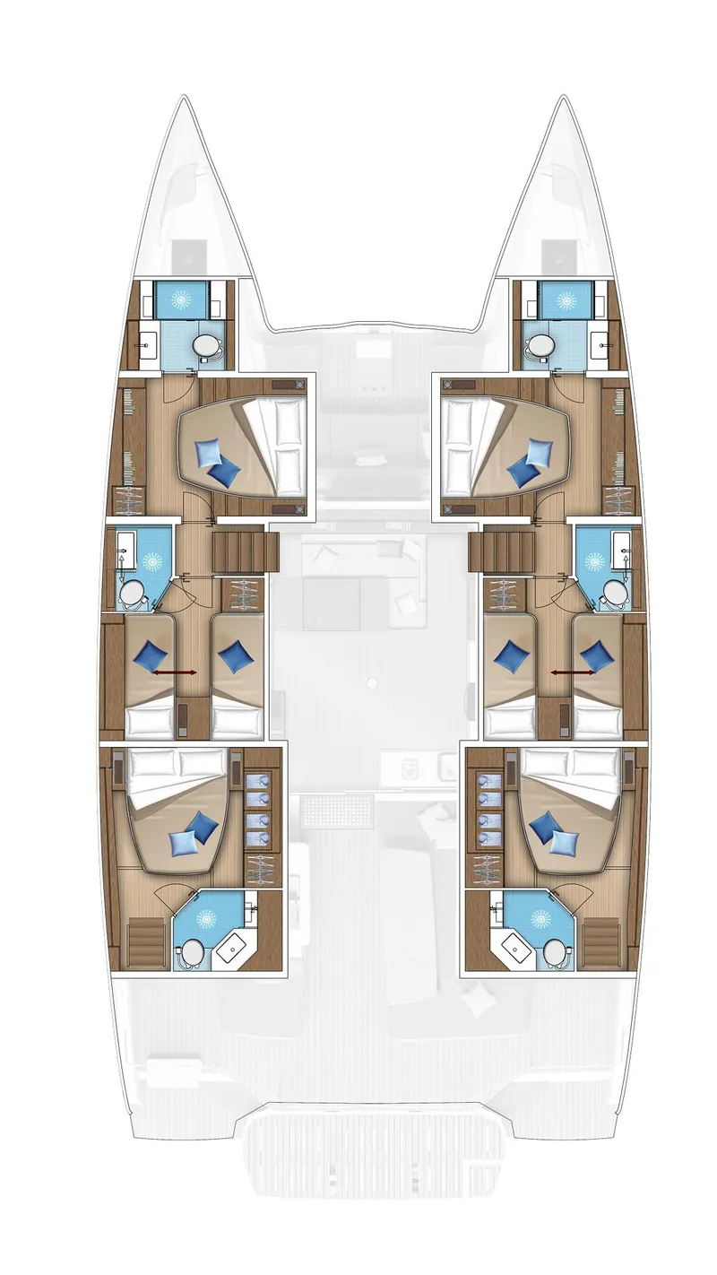 Slide: The Image of 2025 Lagoon 55 catamaran layout with six cabins and en-suite bathrooms. - 27