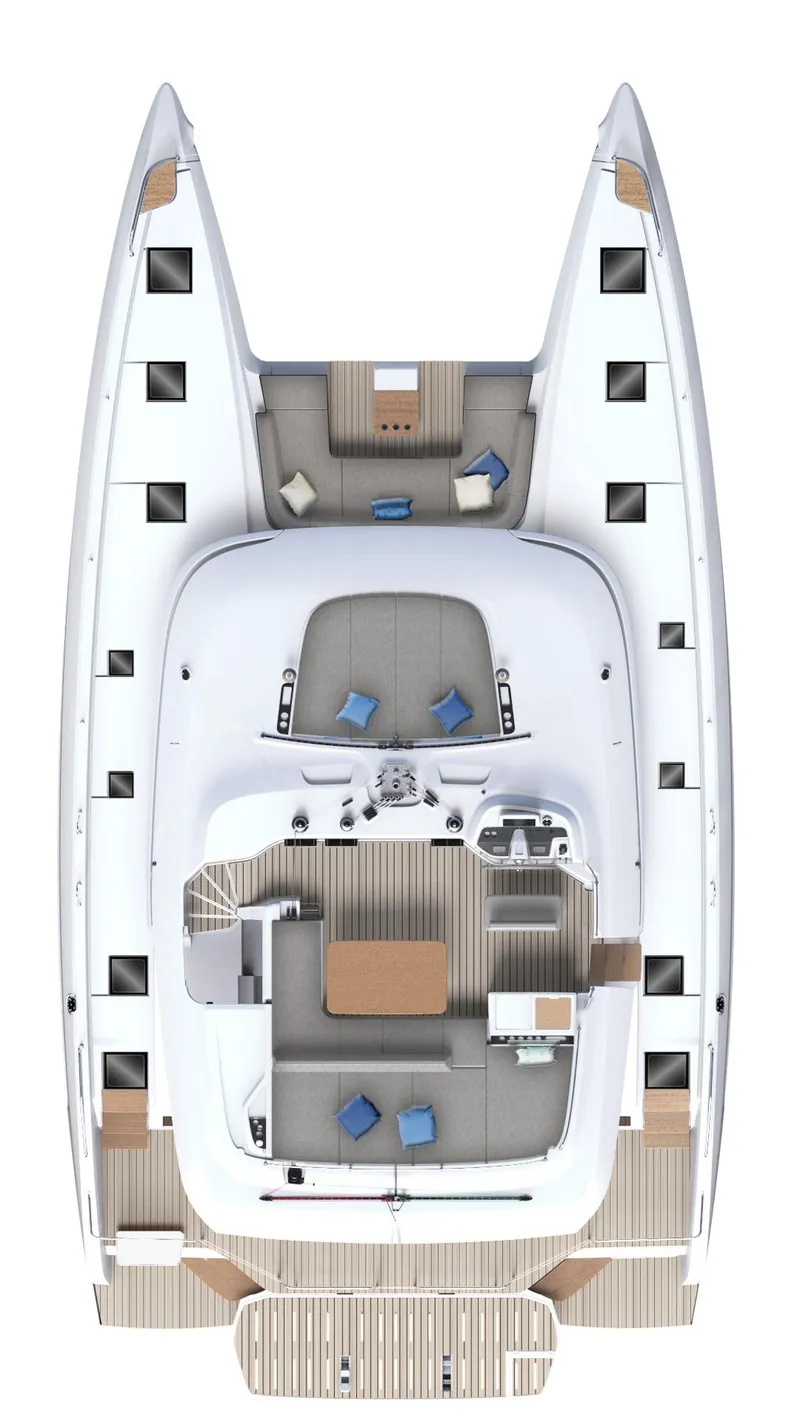 Slide: The Image of Top view of 2025 Lagoon 55 catamaran, showcasing spacious deck and seating areas. - 30