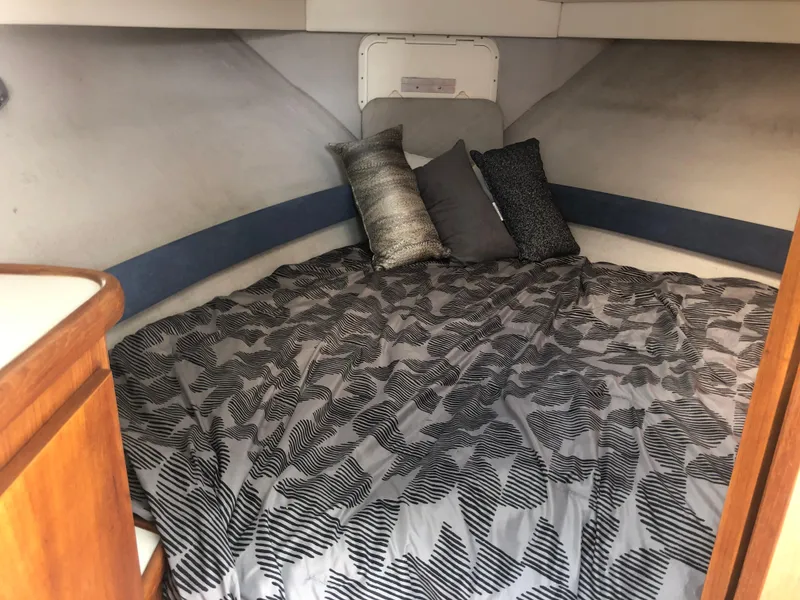 Slide: The Image of 1993 Carver 350 Aft Cabin interior with cozy bed and decorative pillows. - 21