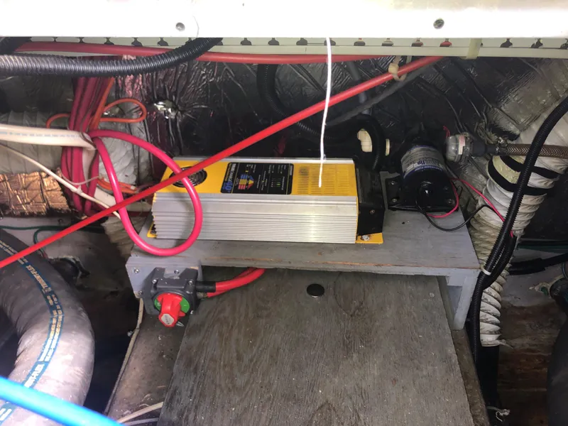 Slide: The Image of Electrical components in a 1993 Carver 350 Aft Cabin boat engine compartment. - 36