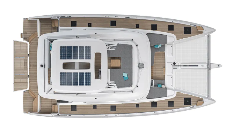 Slide: The Image of Top view of 2025 Lagoon 60 catamaran with solar panels and spacious deck layout. - 36