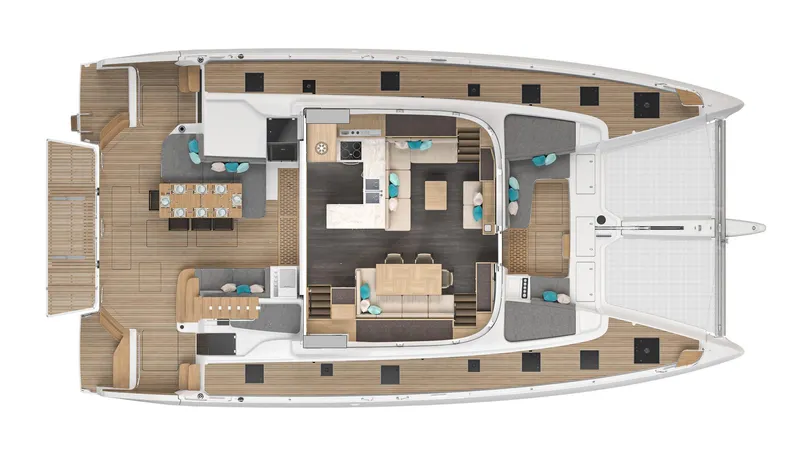 Slide: The Image of Top view of 2025 Lagoon 60 catamaran layout, featuring spacious deck and modern interior design. - 39