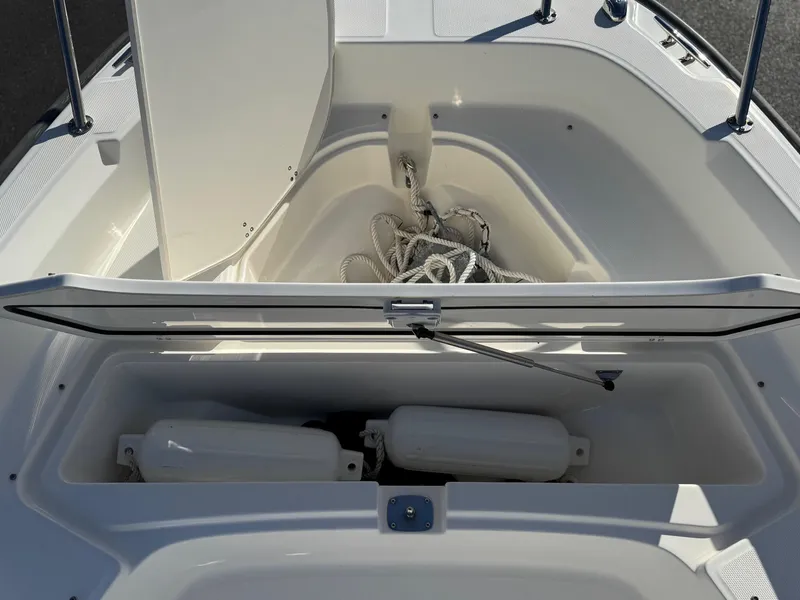 Slide: The Image of Storage compartments on a 2014 Boston Whaler 210 Dauntless boat, featuring ropes and fenders. - 7