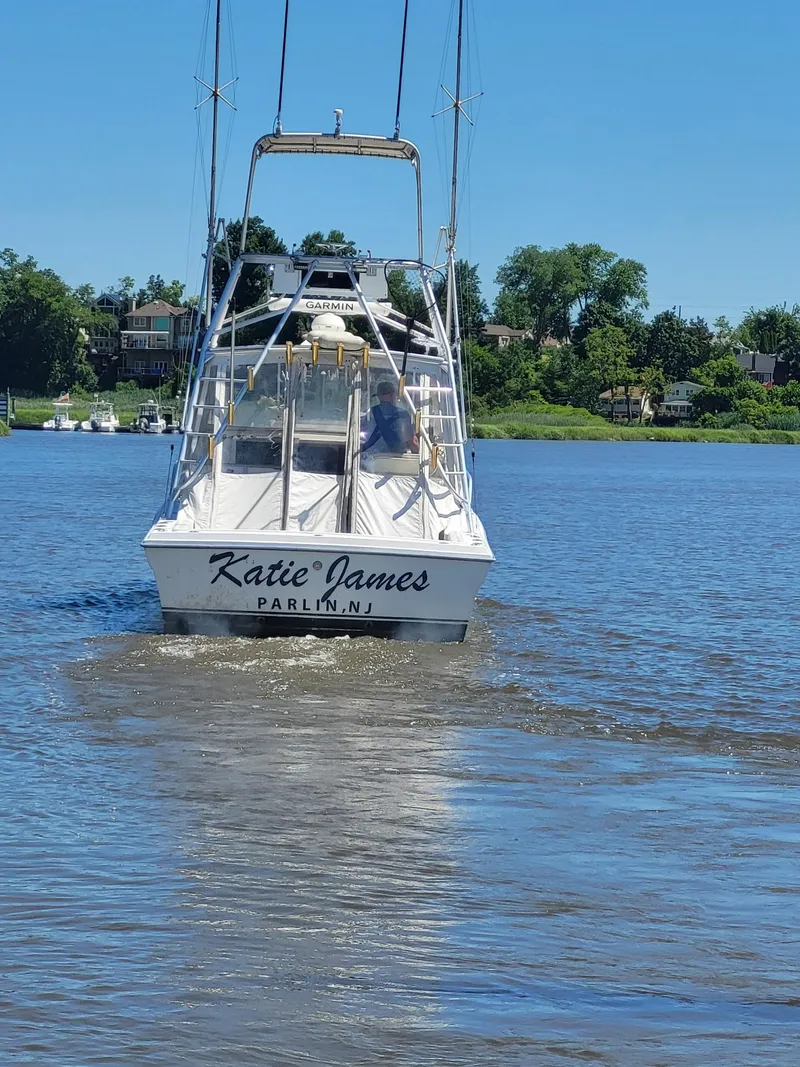Slide: The Image of Dawson Yachts 33 EXPRESS 2000 on water, rear view, sunny day, trees in background. - 28