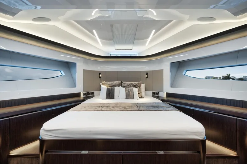 Slide: The Image of Luxurious interior of 2022 Pearl 62 yacht with modern design and elegant lighting. - 19