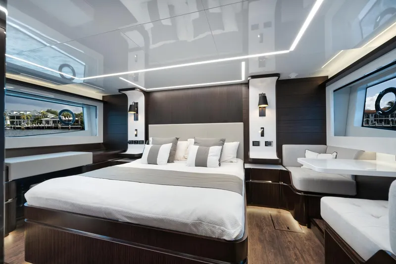 Slide: The Image of Luxurious interior of 2022 Pearl 62 yacht with modern bedroom design. - 21