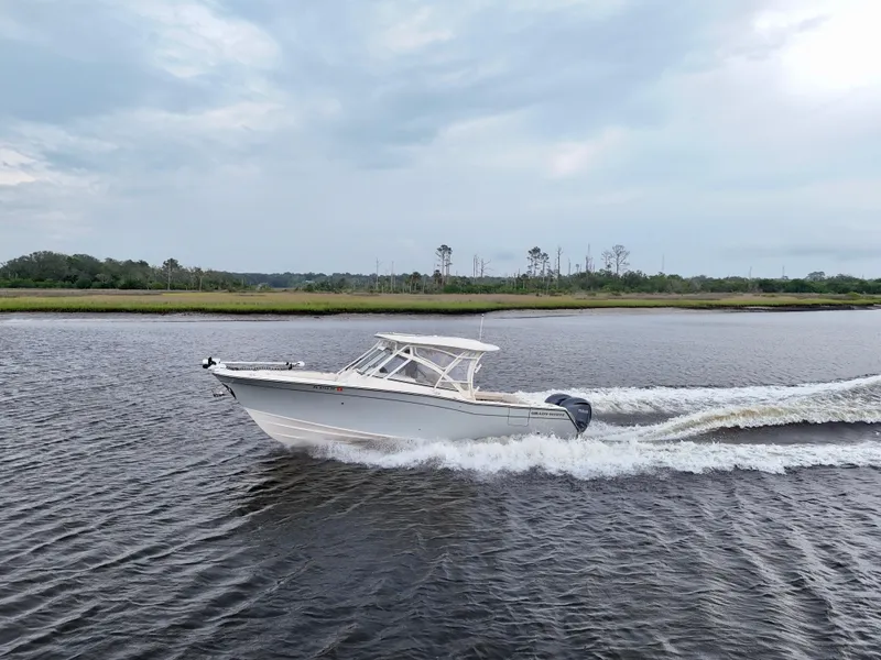 Slide: The Image of 2022 Grady-White Freedom 307 cruising on a calm river under a cloudy sky. - 9