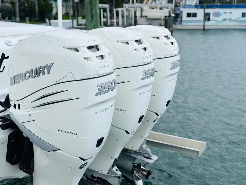 Slide: The Image of Triple Mercury 350 Verado engines on a 2016 Boston Whaler 370 Outrage boat. - 4