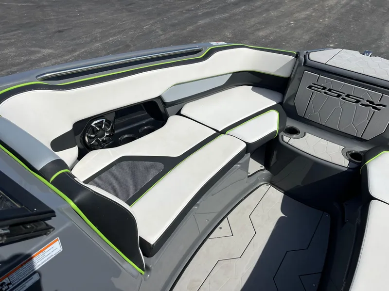 Slide: The Image of 2021 Yamaha Boats 255X interior with sleek seating and modern design. - 15