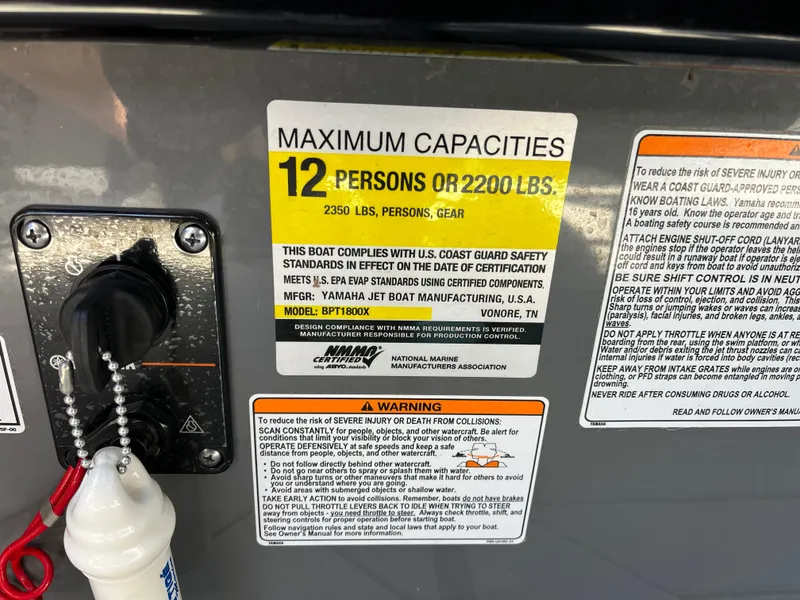 Slide: The Image of Yamaha Boats 2021 255X capacity label, 12 persons or 2200 lbs, safety warnings visible. - 17