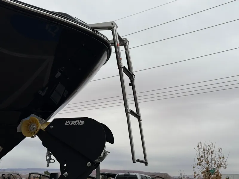 Slide: The Image of 2025 Yamaha Boats 255XD with ladder, overcast sky background. - 14