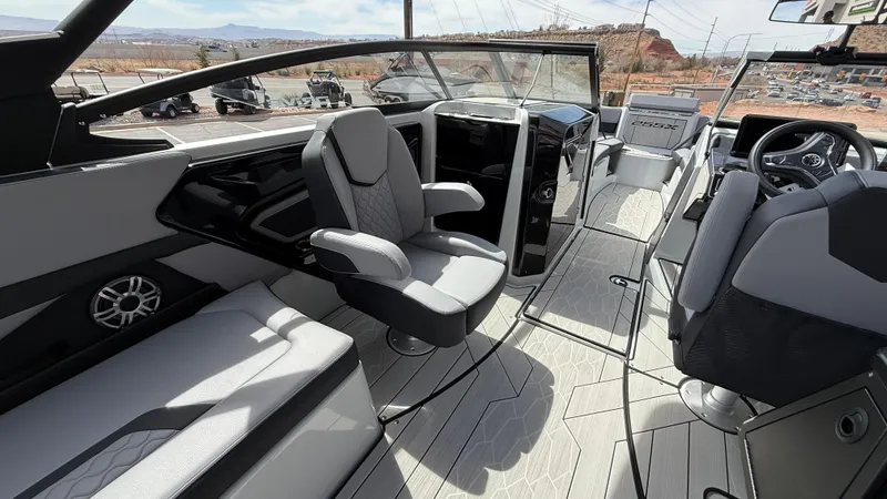 Slide: The Image of 2025 Yamaha Boats 255XD interior with modern seating and sleek design. - 38