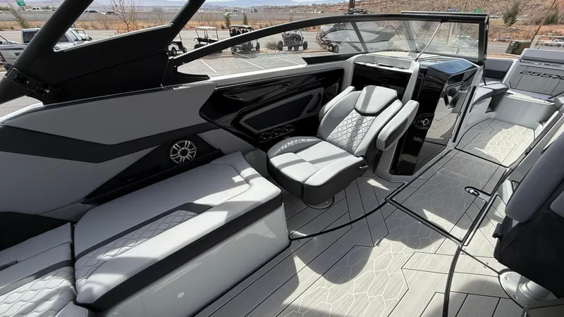 Slide: The Image of 2025 Yamaha Boats 255XD interior with modern seating and sleek design. - 43