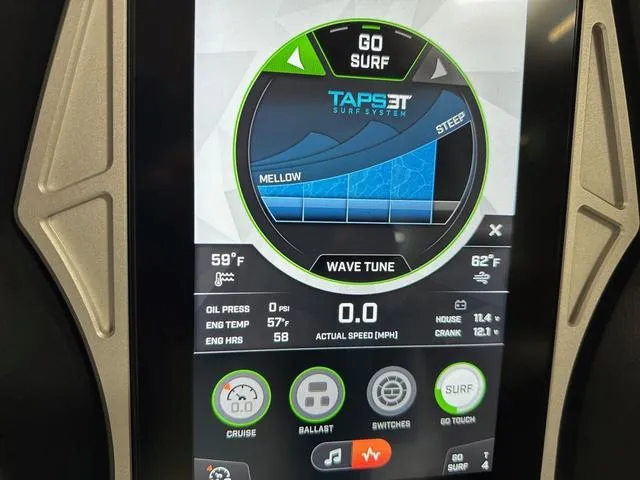 Slide: The Image of Touchscreen display of 2022 Tigé Z1 boat showing TAP3T surf system settings. - 15