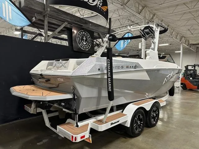 Slide: The Image of 2023 ATX Boats 22 TYPE-S on trailer in showroom, rear view. - 4