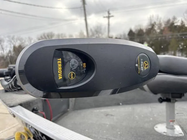 Slide: The Image of Close-up of a 2015 Lund Impact 1875 SS boat's Terrova trolling motor. - 11