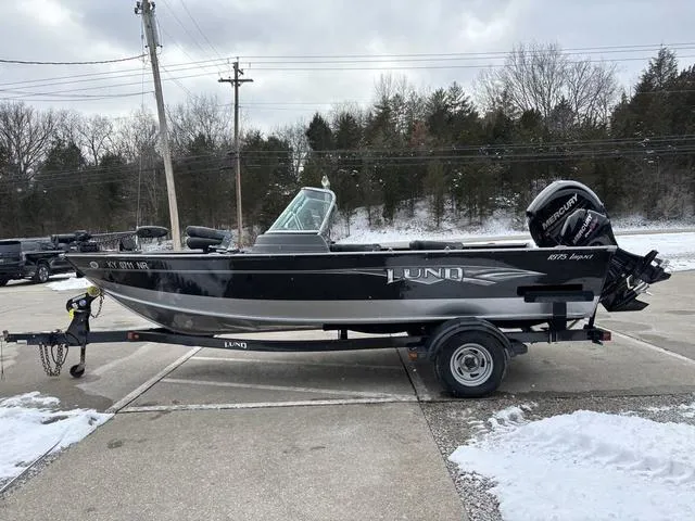 Slide: The Image of 2015 Lund Impact 1875 SS boat on trailer in snowy parking lot. - 16