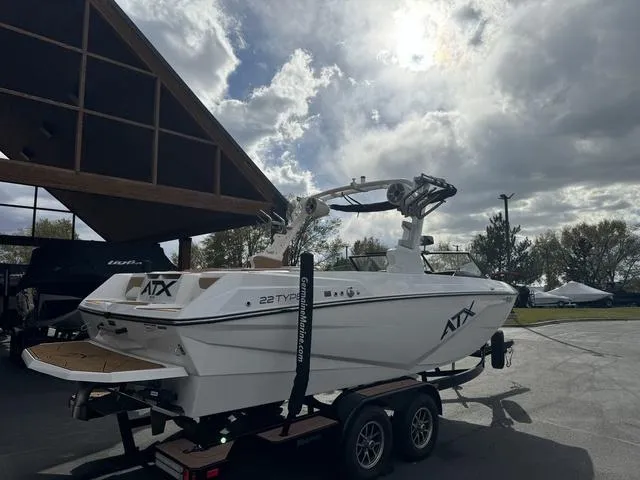 Slide: The Image of 2023 ATX Boats 22 TYPE-S on trailer under cloudy sky. - 7