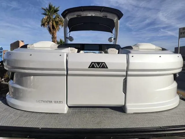 Slide: The Image of 2025 Avalon Excalibur Quad Lounge Windshield 27 FT pontoon boat, Saltwater Series, rear view. - 6