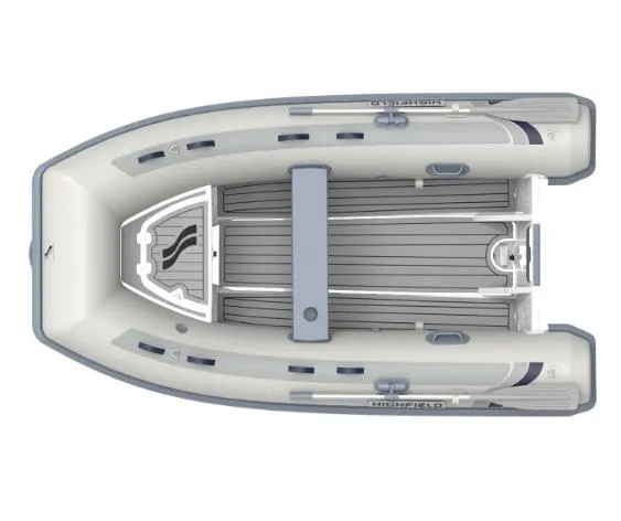 Slide: The Image of 2025 Highfield Classic 340 inflatable boat, top view, gray and white design. - 2