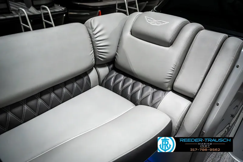 Slide: The Image of Luxurious seating in the 2025 Bennington 23 RSBWA boat, featuring elegant gray upholstery. - 44