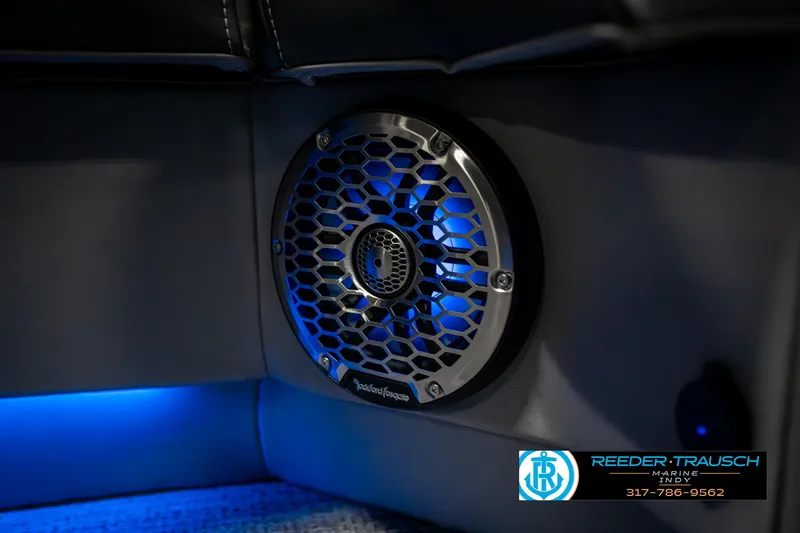 Slide: The Image of Speaker with blue LED lighting in 2025 Bennington 23 RSBWA boat interior. - 48
