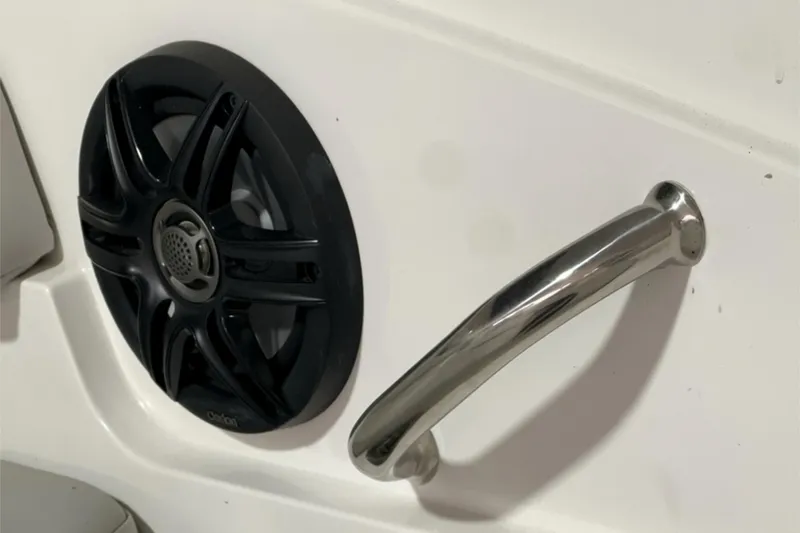 Slide: The Image of 2025 Hurricane SunDeck Sport 185 OB boat speaker and handle detail. - 13