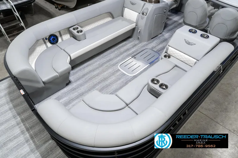 Slide: The Image of 2025 Bennington 25 LPD boat interior with luxurious seating and modern design. - 12
