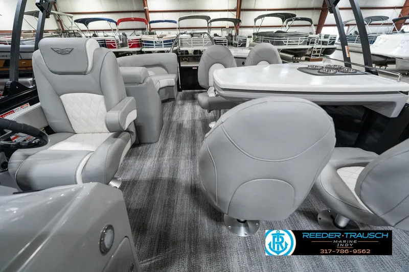 Slide: The Image of 2025 Bennington 25 LPD boat interior with luxurious seating and modern design. - 17