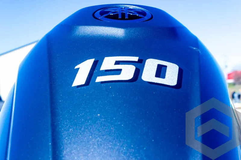 Slide: The Image of Blue outboard motor with "150" marking, G3 Bay 21 GX, 2025 model. - 23
