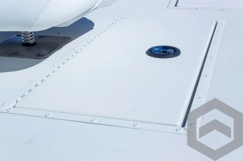 Slide: The Image of 2025 G3 Bay 21 GX boat deck with hatch and hardware details. - 35