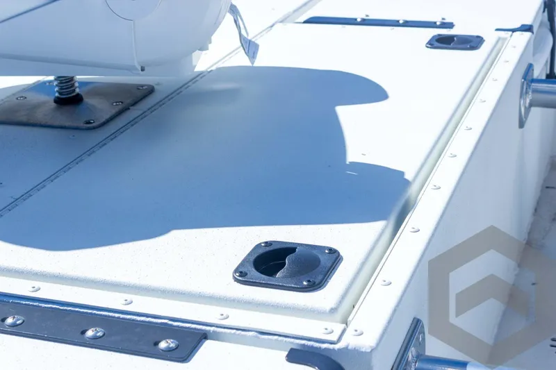 Slide: The Image of 2025 G3 Bay 21 GX boat deck with mounted equipment and shadow detail. - 47