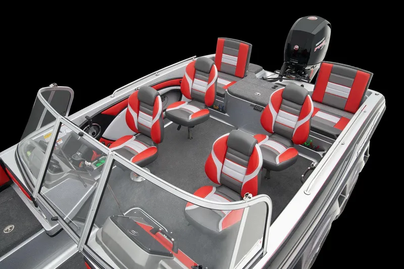 Slide: The Image of 2025 Ranger 1850MS boat interior with red and gray seating, featuring a modern design. - 14