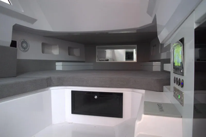 Slide: The Image of Interior of 2025 DNA 46 boat cabin with modern design and control panel. - 20