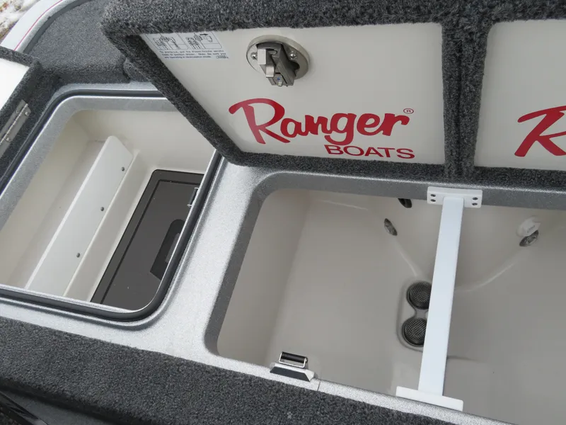 Slide: The Image of 2025 Ranger Z519R Cup-Equipped boat storage compartments with Ranger Boats branding. - 12