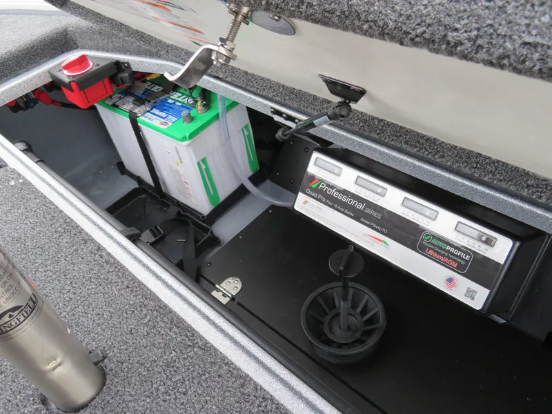 Slide: The Image of 2025 Ranger Z519R Cup-Equipped boat battery compartment with professional-grade equipment. - 13