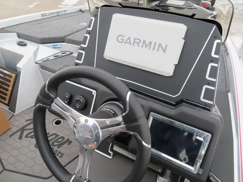 Slide: The Image of 2025 Ranger Z519R Cup-Equipped boat dashboard with Garmin navigation system. - 8