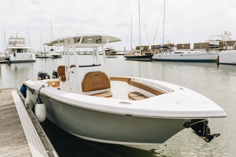 Slide: The Image of 2019 Sea Pro 259 Center Console boat docked in a marina. - 15