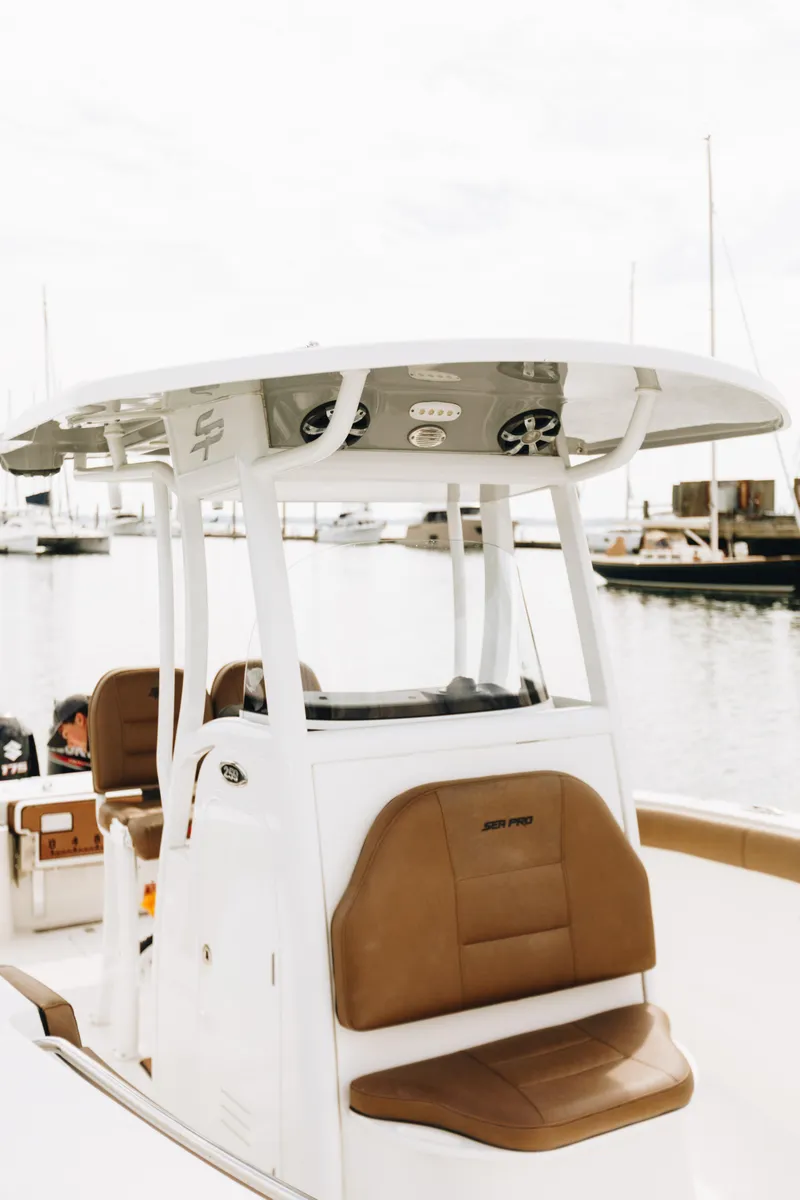 Slide: The Image of 2019 Sea Pro 259 Center Console boat docked at marina. - 6